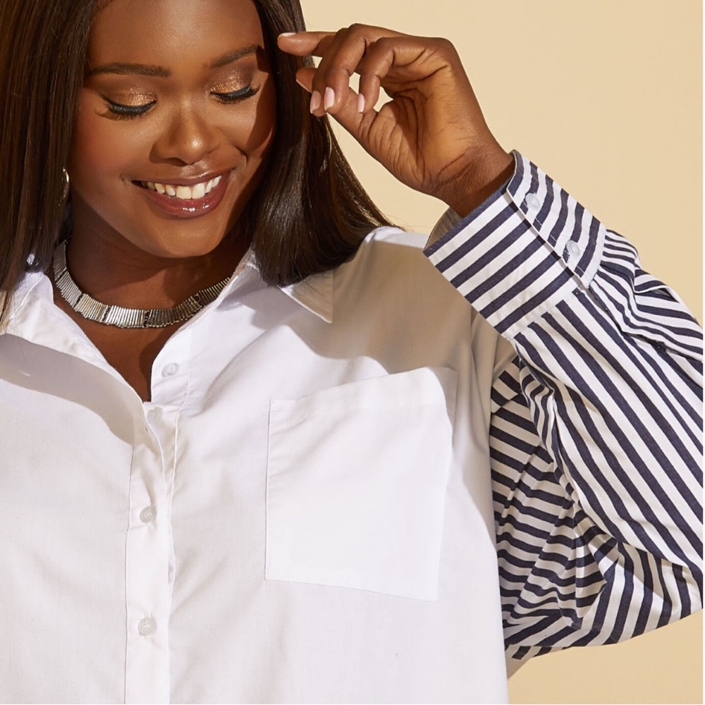 Plus ASHLEY STEWART Blue Striped Sleeved White Cotton Blend Shirt 14 - Picture 3 of 5
